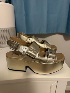 Free People Metallic Gold Platform Buckle Sandals